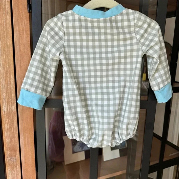 Luca onesie embroidered long sleeve romper gingham sage baby boy smock bubble - Picture 3 of 5